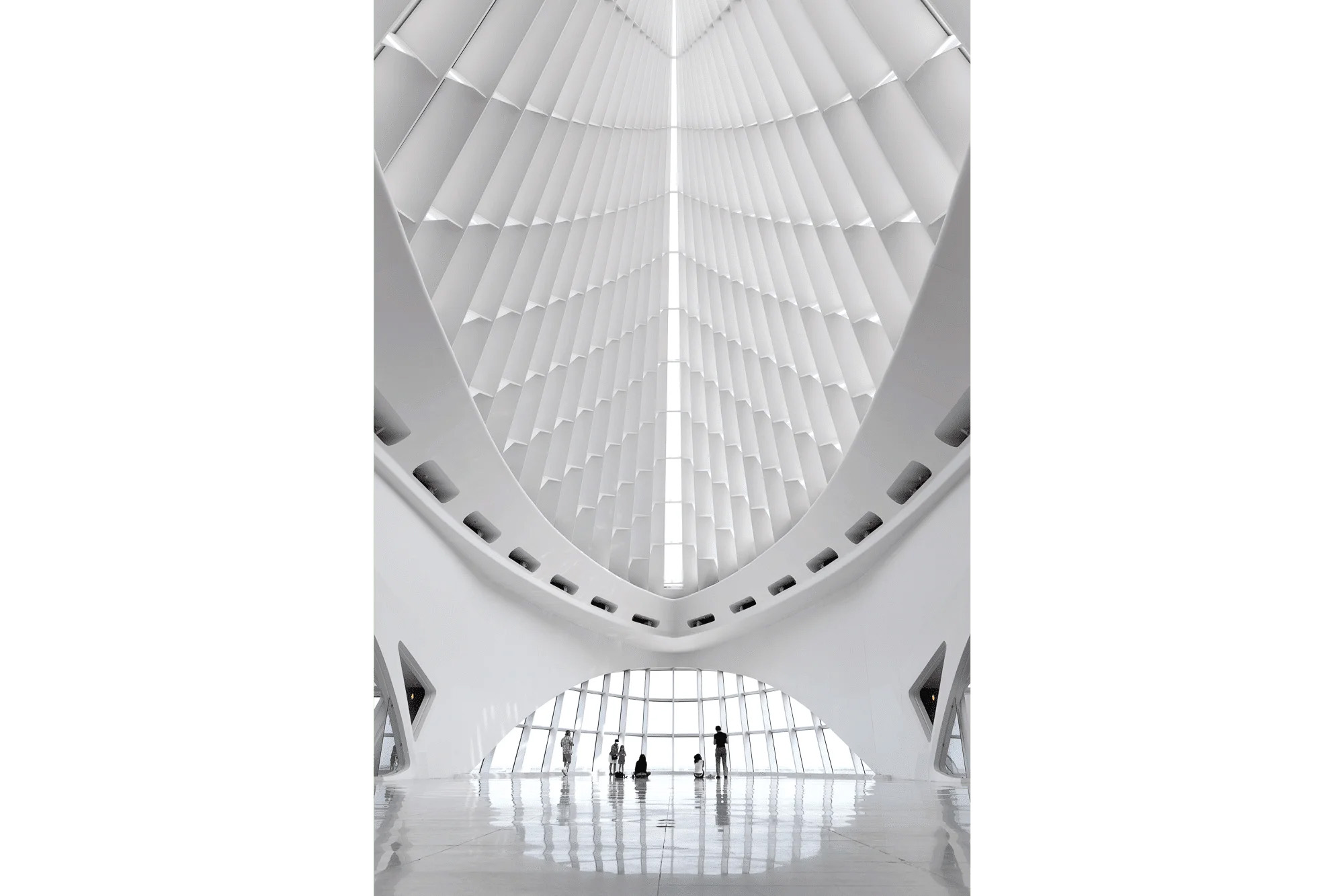 Knoxville architectural photography highlighting a dramatic modern interior with geometric ceiling design, natural light, and reflective floors