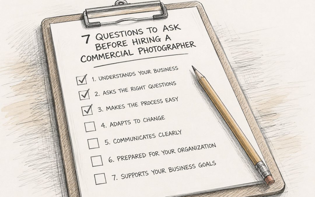 Hand-drawn checklist with seven checked boxes and a pencil illustrating questions to ask before hiring a commercial photographer in Knoxville.