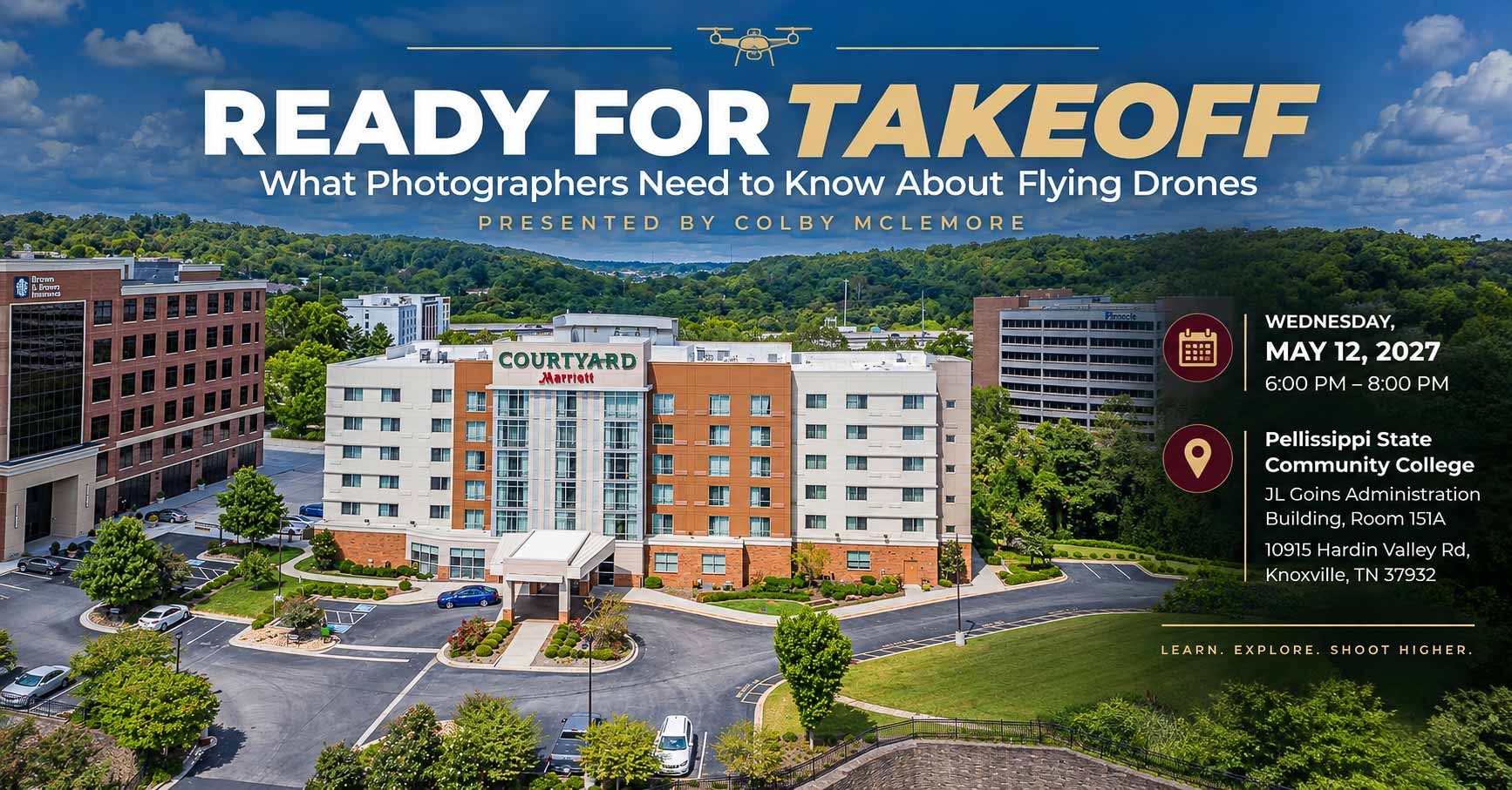 Aerial drone photograph promoting the Ready for Takeoff drone photography workshop for photographers in Knoxville, Tennessee.
