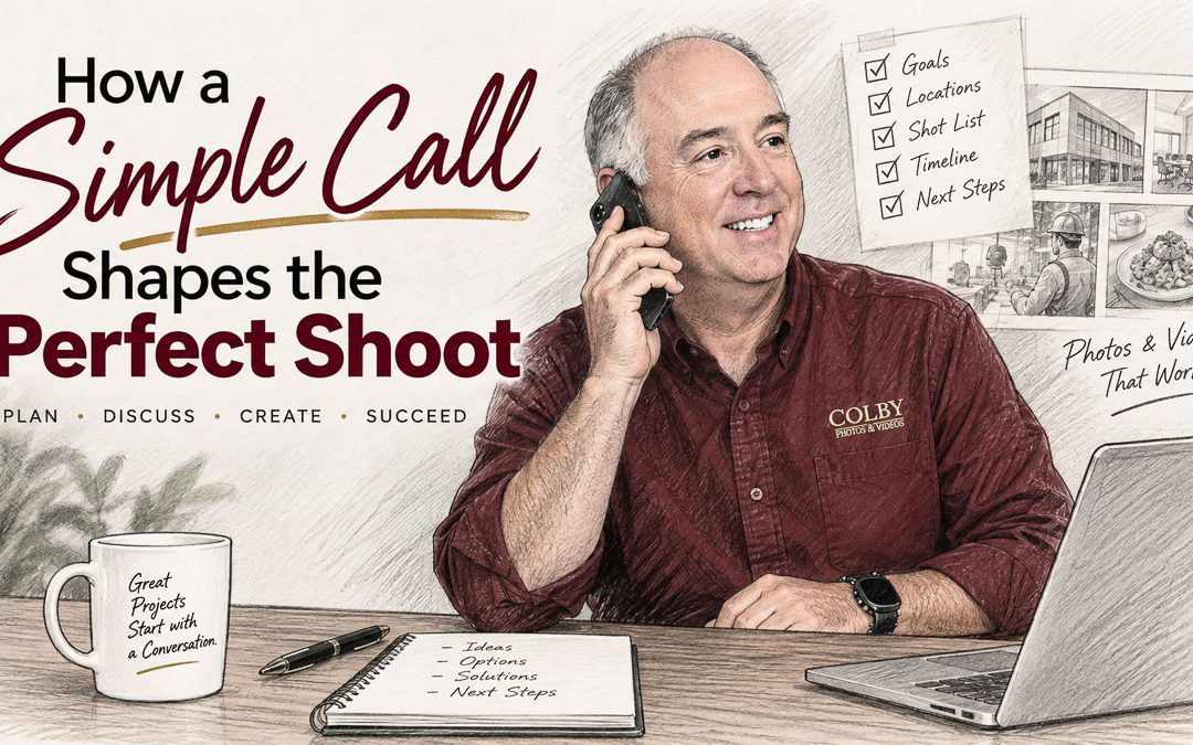 Sketch of Colby McLemore discussing a commercial photography consultation by phone.
