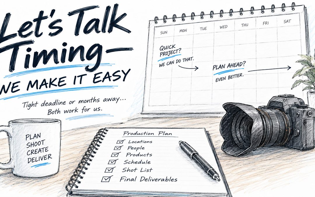 Sketch illustrating commercial photography and videography timeline planning for tight deadlines or advance scheduling.