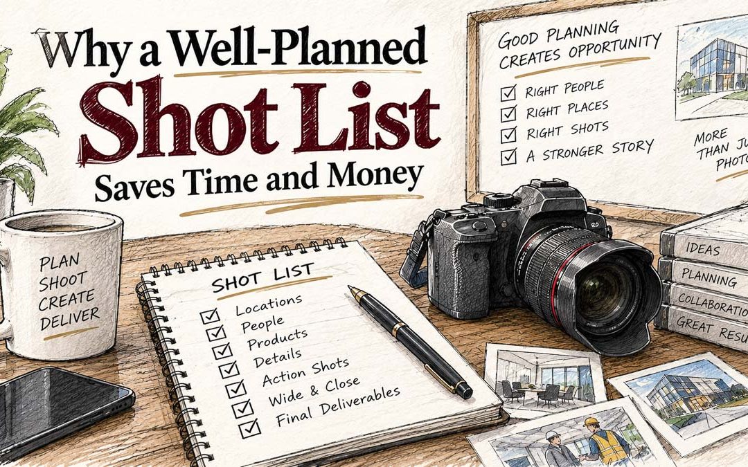Sketch illustrating shot list planning for an efficient commercial photography and videography project.